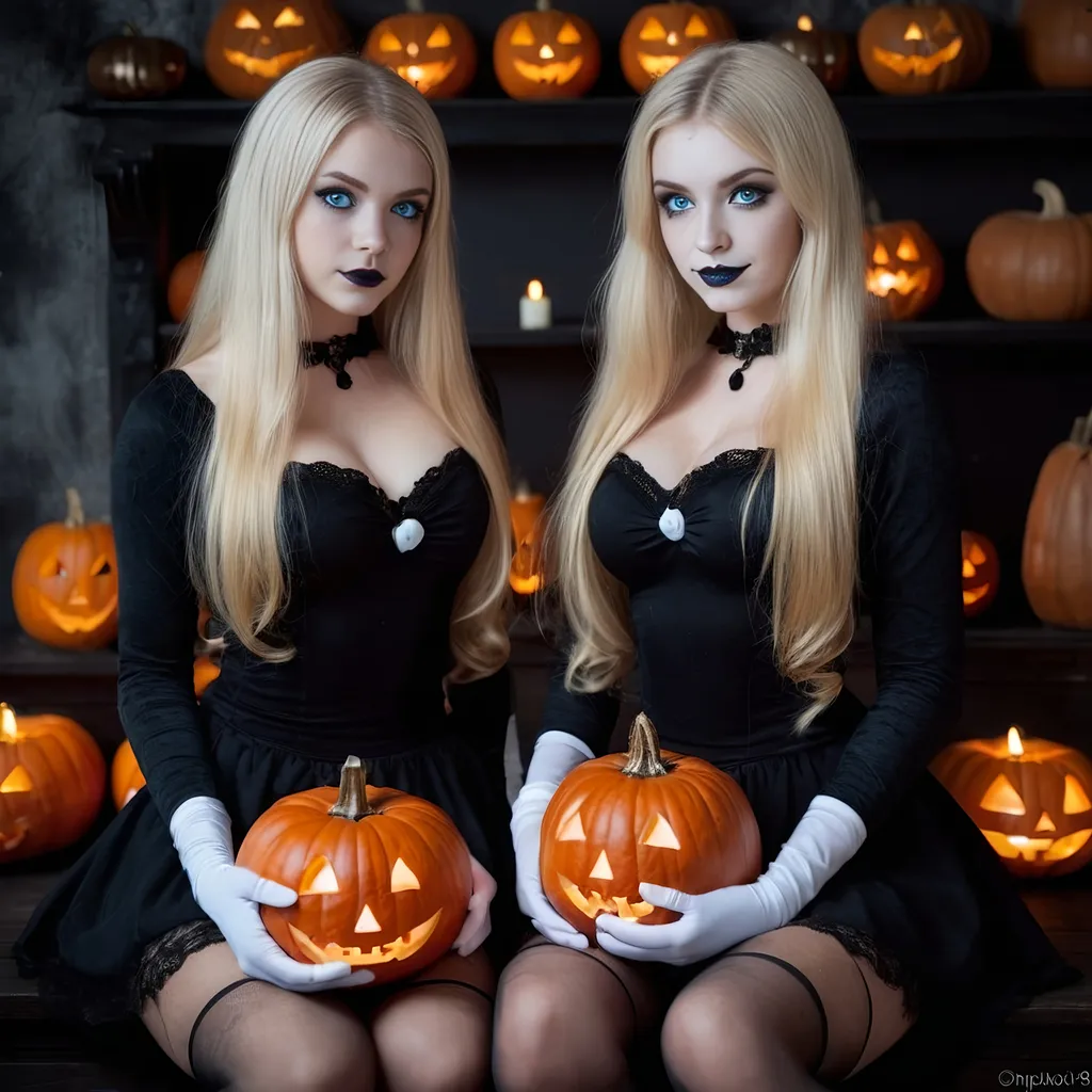 Prompt: 2 girls, American, 15/16, bright blue eyes, long blonde hair, Halloween style, short tight clothes, candle lights, glamour photography at a séance,  spooky themes, pumpkins, long white gloves and stockings, alluring gaze, beautiful, flawless beauty, freckles