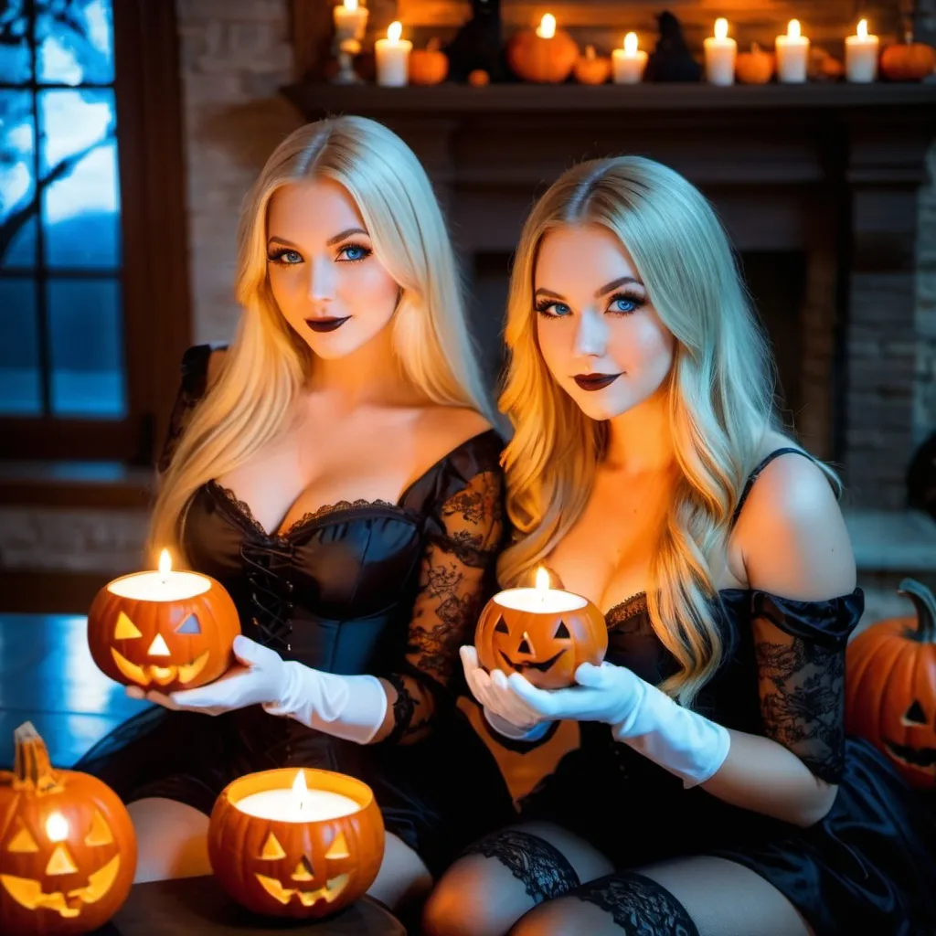 Prompt: 2 girls, American, 15/16, bright blue eyes, long blonde hair, Halloween style, short tight clothes, candle lights, glamour photography at a séance,  spooky themes, pumpkins, long white gloves and stockings, alluring gaze, beautiful, flawless beauty, freckles