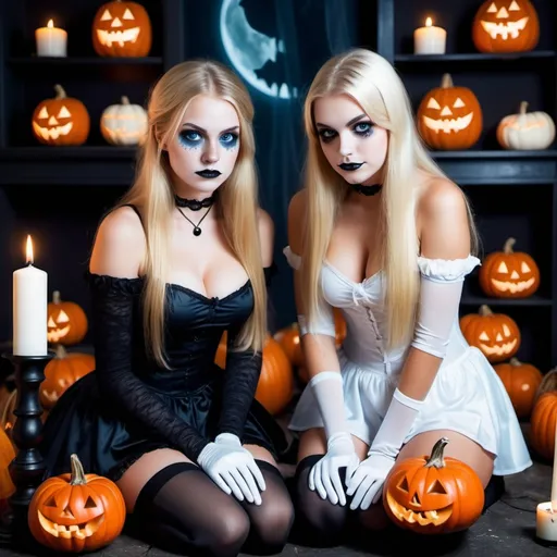 Prompt: 2 girls, American, 15/16, bright blue eyes, long blonde hair, Halloween style, short tight clothes, candle lights, glamour photography at a séance,  spooky themes, pumpkins, long white gloves and stockings, alluring gaze, beautiful, flawless beauty, freckles