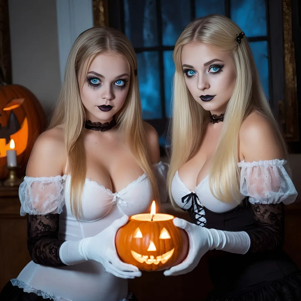 Prompt: 2 girls, American, 15/16, bright blue eyes, long blonde hair, Halloween style, short tight clothes, candle lights, glamour photography at a séance,  spooky themes, pumpkins, long white gloves and stockings, alluring gaze, beautiful, flawless beauty, freckles