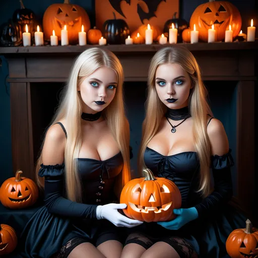 Prompt: 2 girls, American, 15/16, bright blue eyes, long blonde hair, Halloween style, short tight clothes, candle lights, glamour photography at a séance,  spooky themes, cauldron, pumpkins, orange glow, long white gloves and stockings, alluring gaze, beautiful, flawless beauty, freckles