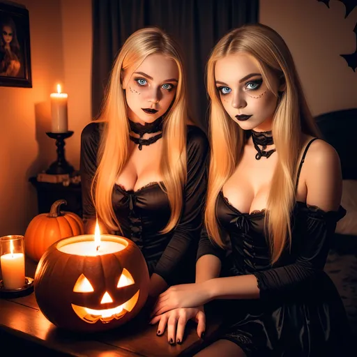 Prompt: 2 girls, American, 15/16, bright blue eyes, long blonde hair, Halloween style, short tight clothes, candle lights, glamour photography at a séance,  spooky themes, cauldron, pumpkins, orange glow, long white gloves and stockings, alluring gaze, beautiful, flawless beauty, freckles, close-up,  bedroom