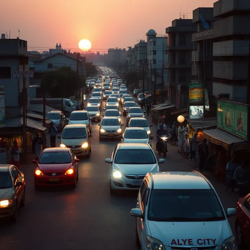 Prompt: "Alaye City" an African metropolis buzzes with energy, traffic, hawkers, and automobiles. it was late in the evening with the sunset visible from afar.  A nostalgic mood. A cinematic film