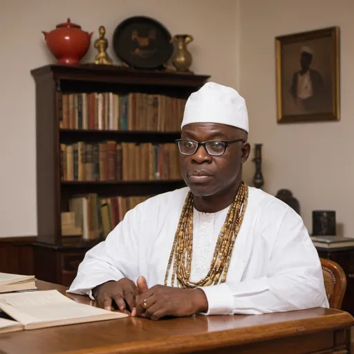 Prompt: Chief Bisola Eleniyan, in his 60s, in his African-white attire, cap, and spectacles, stands tall in his richly furnished study pacing around in thought