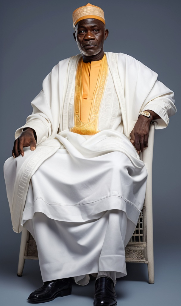 Prompt: (Central content: "Alhaji Durojaiye" an old Yoruba black man, dressed in Yoruba agbada, sitting in a sofa in private restaurant by the jetty overlooking a luxury yatch in "Alayr city" an African metropolis (ultra-detailed, HD), focus on anger and desperation. (ultra-detailed, HD),