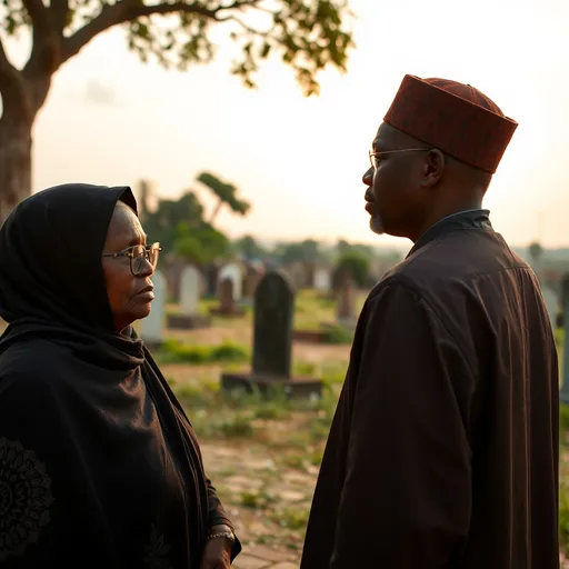 Prompt: In Alaye City, an African metropolis, at an Islamic burial; a dialogue between "Iyanla" (a very old African woman wearing a black gown and matching hijab, wearing glasses, looking to the horizon) and "Chief Bisola Eleniyan" (a man, in his mid-50s wearing a dark-brown gown and matching brown cap, looking to the horizon) at the Muslim graveyard backing the camera view. Mid-day sun is evident on the horizon. Cinematic film.