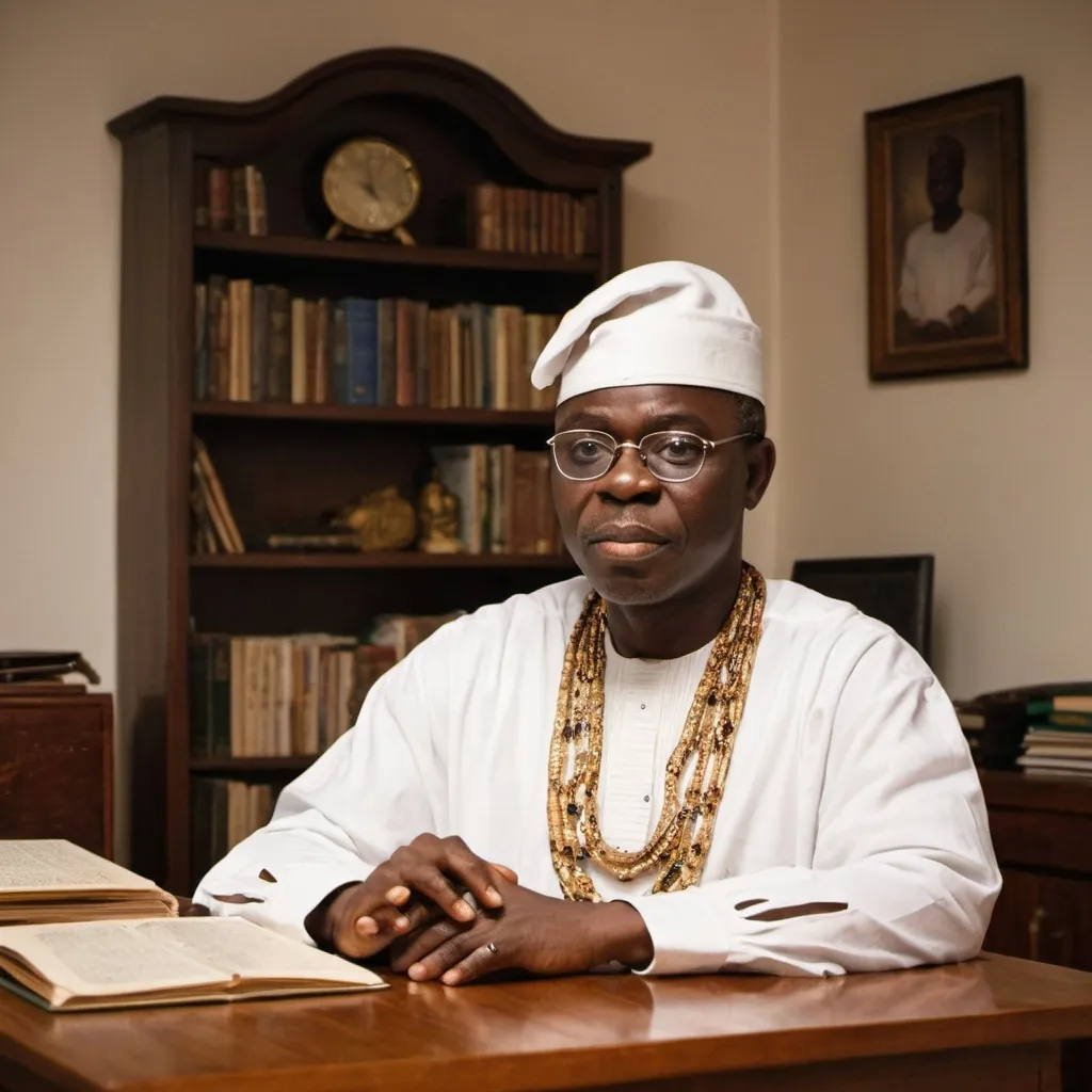 Prompt: Chief Bisola Eleniyan, in his 60s, in his African-white attire, cap, and spectacles, standing the dimly lit but richly furnished study looking through the window