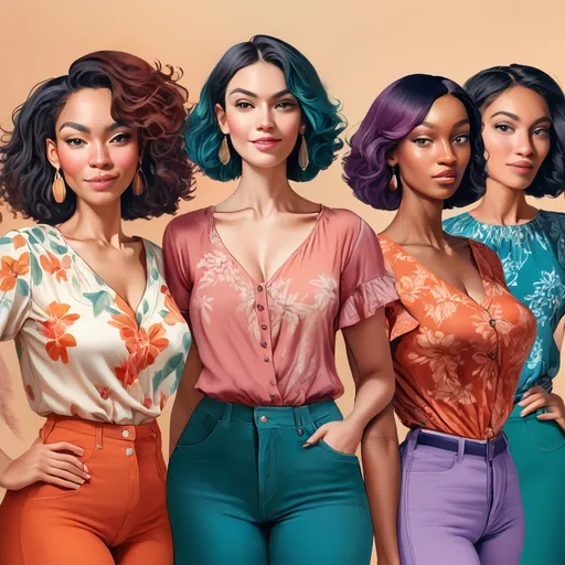 Prompt: a group of multicultural women, waist up view, wearing beautiful tops in complementary hues