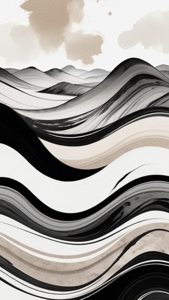 Prompt: rolling hills earthtones minimalist broad brush strokes black and white suminagashi marble art, ink wash watercolor, abstract flourishes, minimalist digital art by Irakli Nadar, artistic painterly