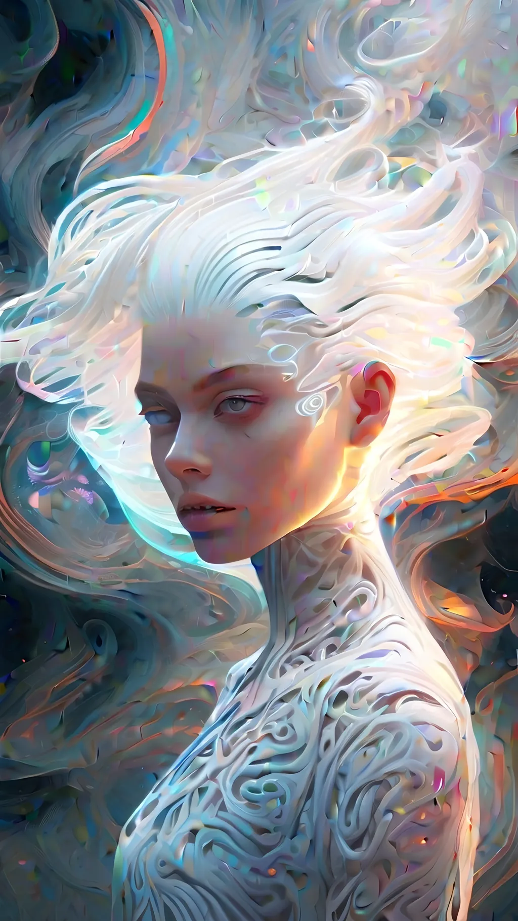 Prompt: portrait of a beautiful female short white hair, surreal flowing thoughts flowing from head, intricate patterns and textures, surreal elements, immersive depth, mesmerizing composition, Android Jones style, ultra-detailed, dynamic lighting, dreamlike ambiance, artistic painterly digital art by Loish, neon lights