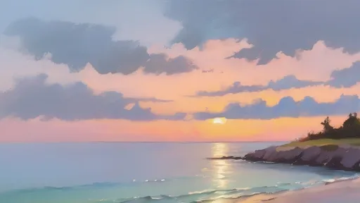 Prompt: impressionist plein air painting minimalist landscape, calm ocean, pastel colors sky, artistic painterly