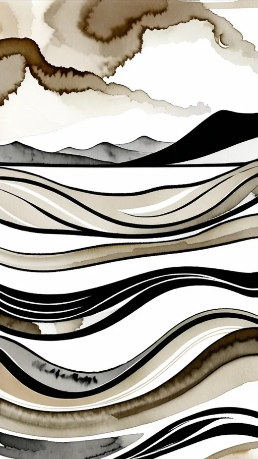 Prompt: rolling hills earthtones minimalist broad brush strokes black and white suminagashi marble art, ink wash watercolor, abstract flourishes, minimalist digital art by Irakli Nadar, artistic painterly