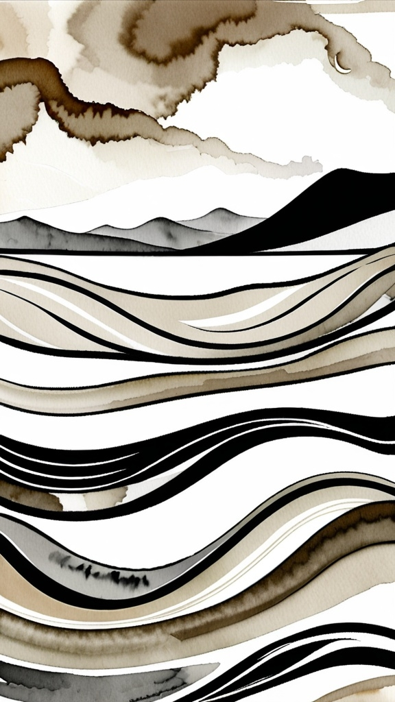 Prompt: rolling hills earthtones minimalist broad brush strokes black and white suminagashi marble art, ink wash watercolor, abstract flourishes, minimalist digital art by Irakli Nadar, artistic painterly