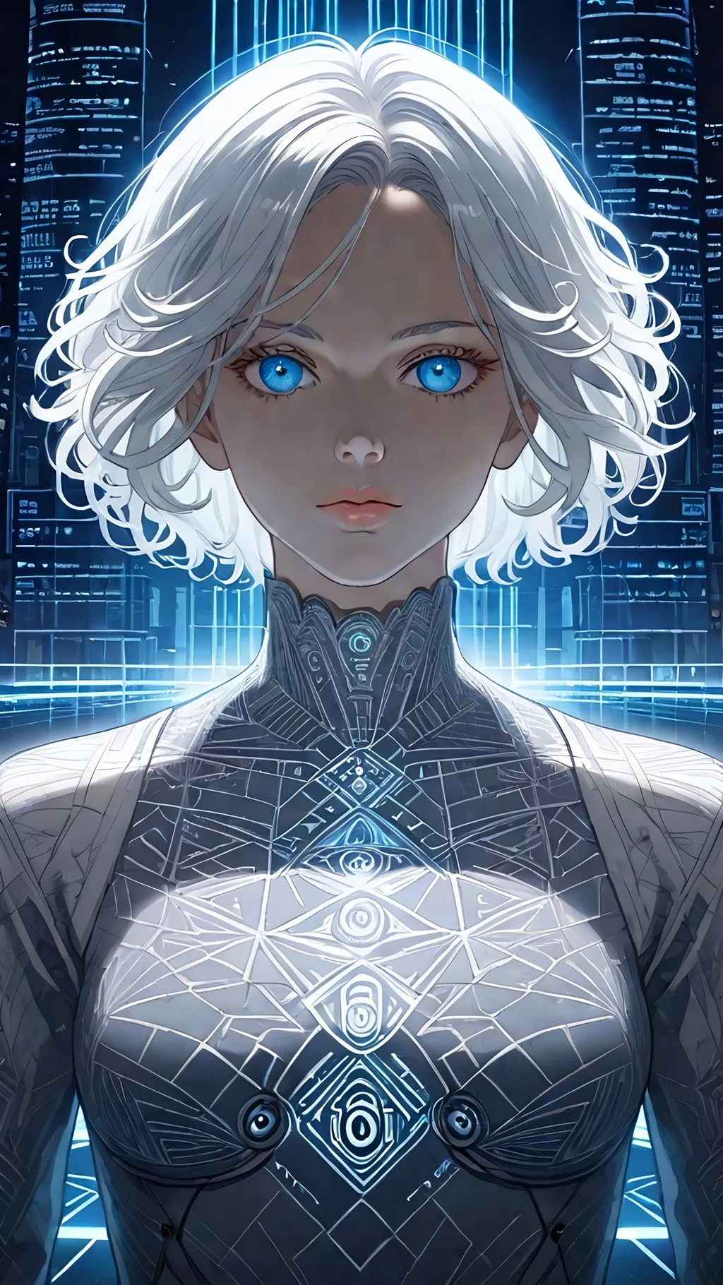 Prompt: portrait of a beautiful female short white hair, surreal flowing thoughts flowing from head, intricate patterns and textures, surreal elements, immersive depth, mesmerizing composition, Android Jones style, ultra-detailed, dynamic lighting, dreamlike ambiance, artistic painterly digital art by Loish, neon lights