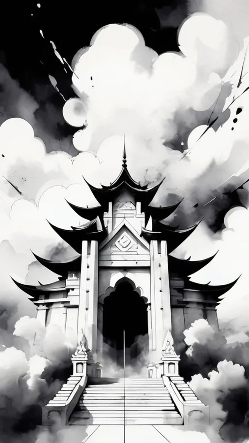 Prompt: anime cloud sky fantasy temple, white geometric symmetry shapes, broad brush strokes black and white ink wash watercolor, abstract flourishes, minimalist digital art