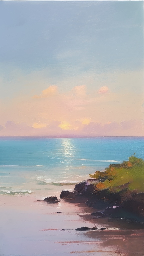 Prompt: impressionist plein air painting minimalist landscape, calm ocean, pastel colors sky, artistic painterly