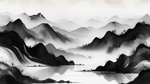 Prompt: foggy rolling hills lake minimalist broad brush strokes black and white suminagashi marble art, ink wash watercolor, abstract flourishes, minimalist digital art by Irakli Nadar, artistic painterly