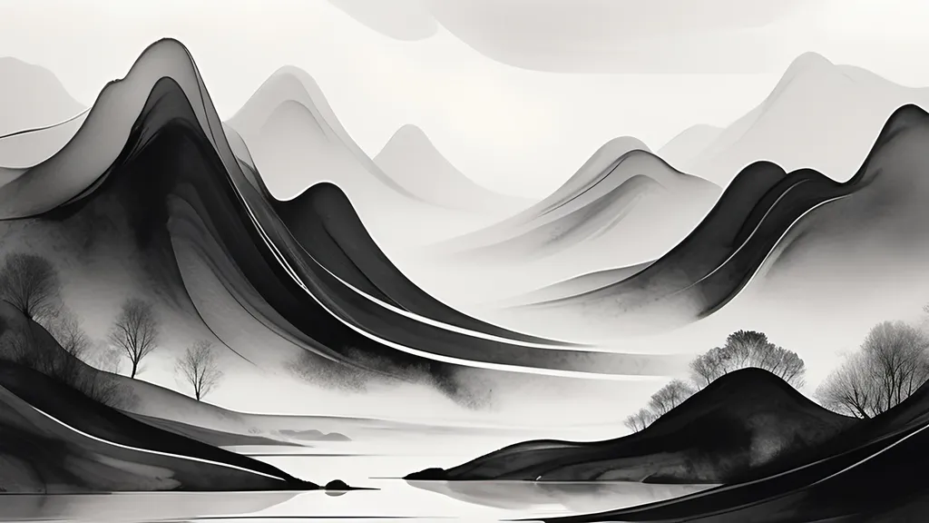 Prompt: foggy rolling hills lake minimalist broad brush strokes black and white suminagashi marble art, ink wash watercolor, abstract flourishes, minimalist digital art by Irakli Nadar, artistic painterl