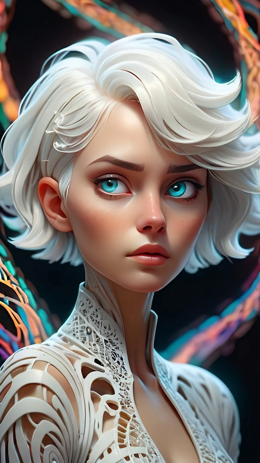 Prompt: portrait of a beautiful female short white hair, surreal flowing thoughts flowing from head, intricate patterns and textures, surreal elements, immersive depth, mesmerizing composition, Android Jones style, ultra-detailed, dynamic lighting, dreamlike ambiance, artistic painterly digital art by Loish, neon lights