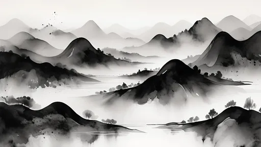 Prompt: foggy rolling hills lake minimalist broad brush strokes black and white suminagashi marble art, ink wash watercolor, abstract flourishes, minimalist digital art by Irakli Nadar, artistic painterly