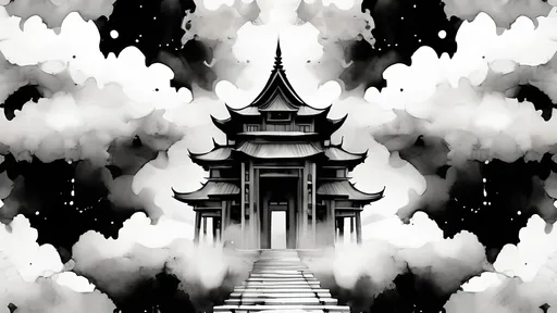 Prompt: anime cloud sky fantasy temple, white geometric symmetry shapes, broad brush strokes black and white ink wash watercolor, abstract flourishes, minimalist digital art