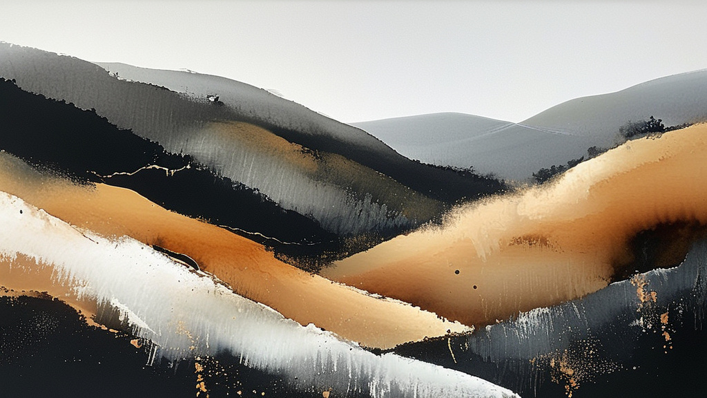 Prompt: rolling hills earthtones minimalist broad brush strokes black and white suminagashi marble art, ink wash watercolor, abstract flourishes, minimalist digital art by Irakli Nadar, artistic painterly