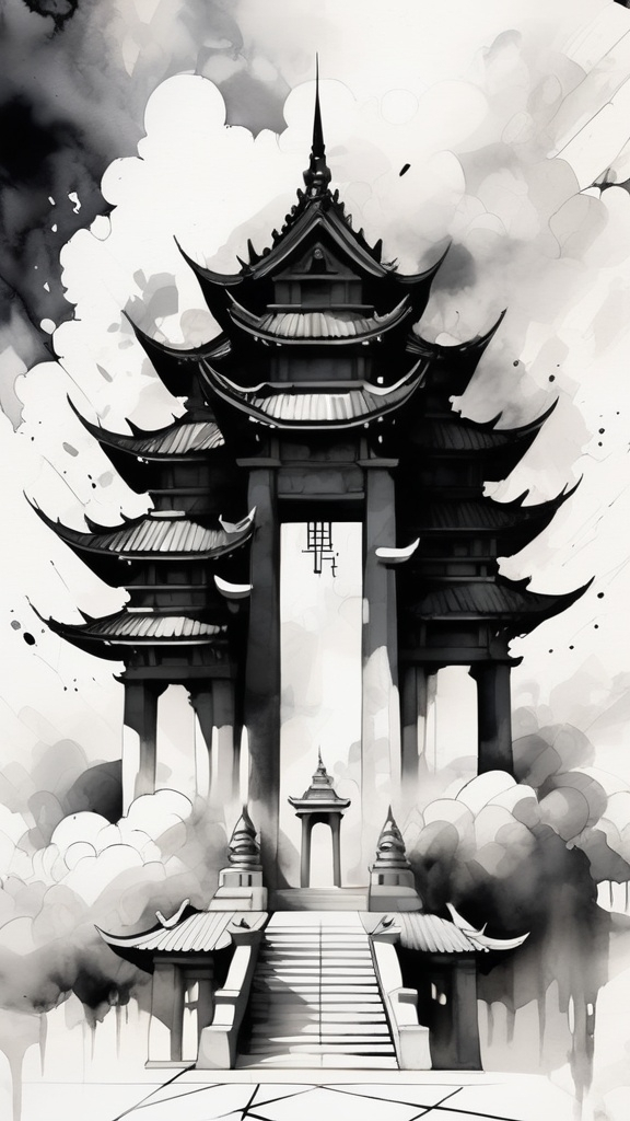 Prompt: anime cloud sky fantasy temple, white geometric symmetry shapes, broad brush strokes black and white ink wash watercolor, abstract flourishes, minimalist digital art