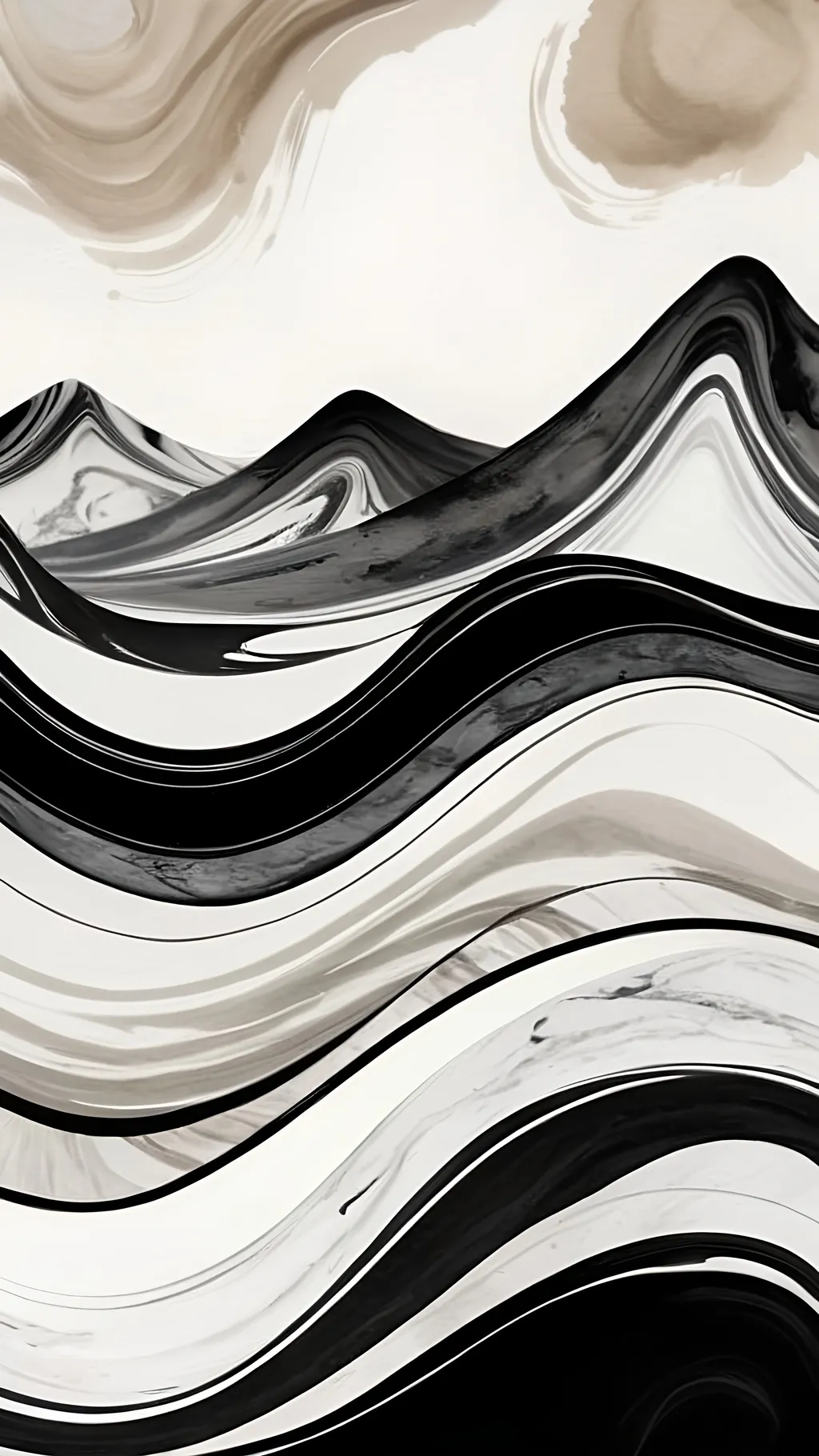 Prompt: rolling hills earthtones minimalist broad brush strokes black and white suminagashi marble art, ink wash watercolor, abstract flourishes, minimalist digital art by Irakli Nadar, artistic painterly