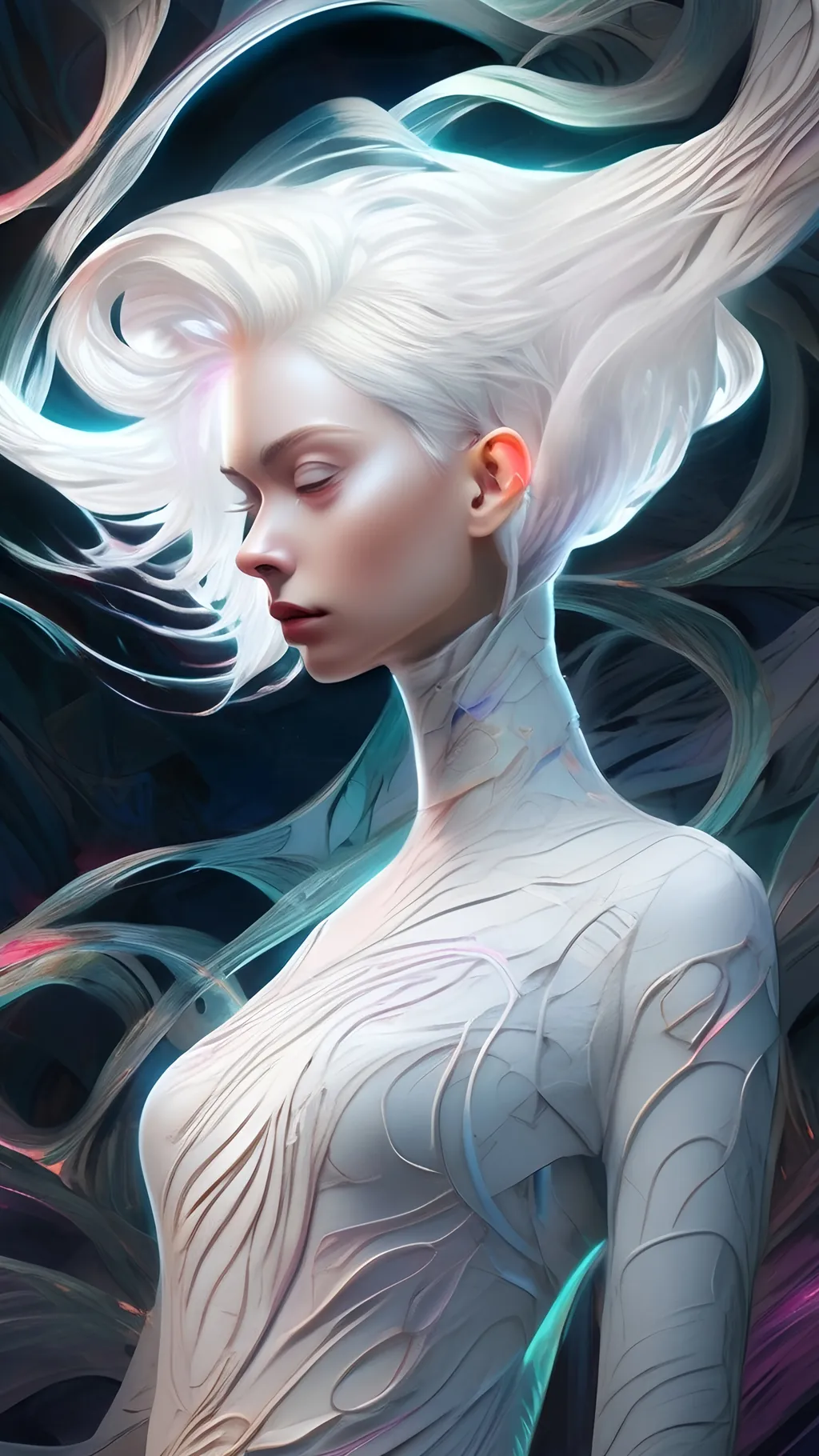 Prompt: portrait of a beautiful female short white hair, surreal flowing thoughts flowing from head, intricate patterns and textures, surreal elements, immersive depth, mesmerizing composition, Android Jones style, ultra-detailed, dynamic lighting, dreamlike ambiance, artistic painterly digital art by Loish, neon lights