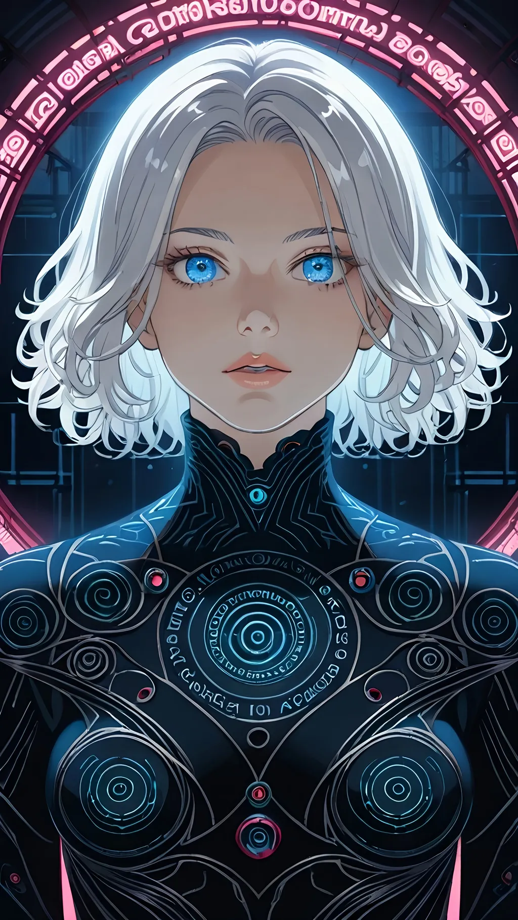 Prompt: portrait of a beautiful female short white hair, surreal flowing thoughts flowing from head, intricate patterns and textures, surreal elements, immersive depth, mesmerizing composition, Android Jones style, ultra-detailed, dynamic lighting, dreamlike ambiance, artistic painterly digital art by Loish, neon lights