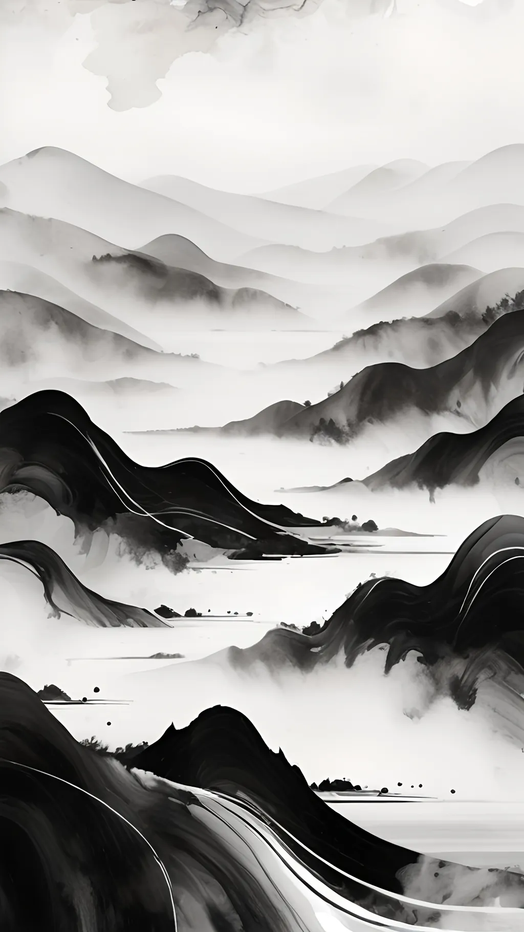 Prompt: foggy rolling hills lake minimalist broad brush strokes black and white suminagashi marble art, ink wash watercolor, abstract flourishes, minimalist digital art by Irakli Nadar, artistic painterly