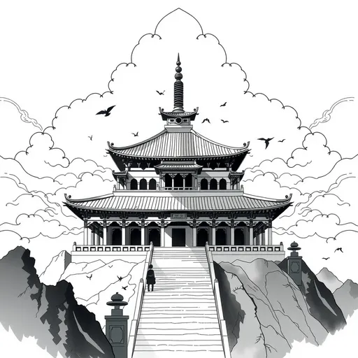 Prompt: anime cloud sky fantasy temple, white geometric symmetry shapes, broad brush strokes black and white ink wash watercolor, abstract flourishes, minimalist digital art