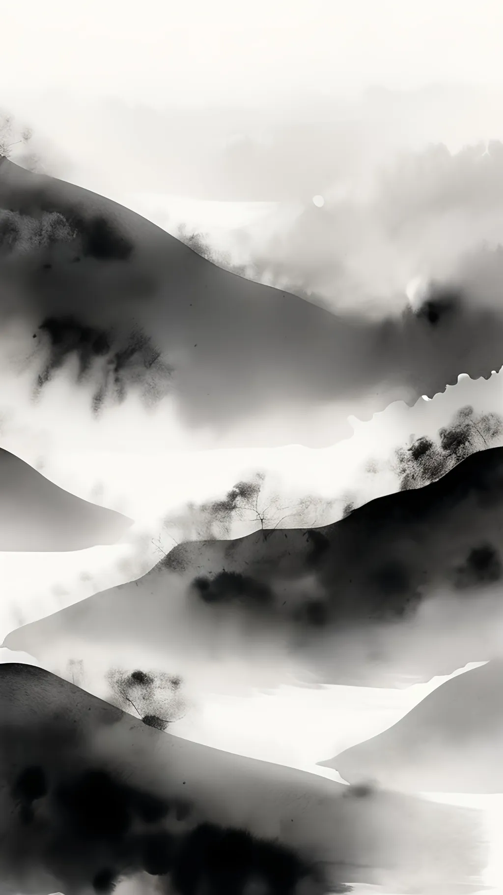 Prompt: foggy rolling hills lake minimalist broad brush strokes black and white suminagashi marble art, ink wash watercolor, abstract flourishes, minimalist digital art by Irakli Nadar, artistic painterly