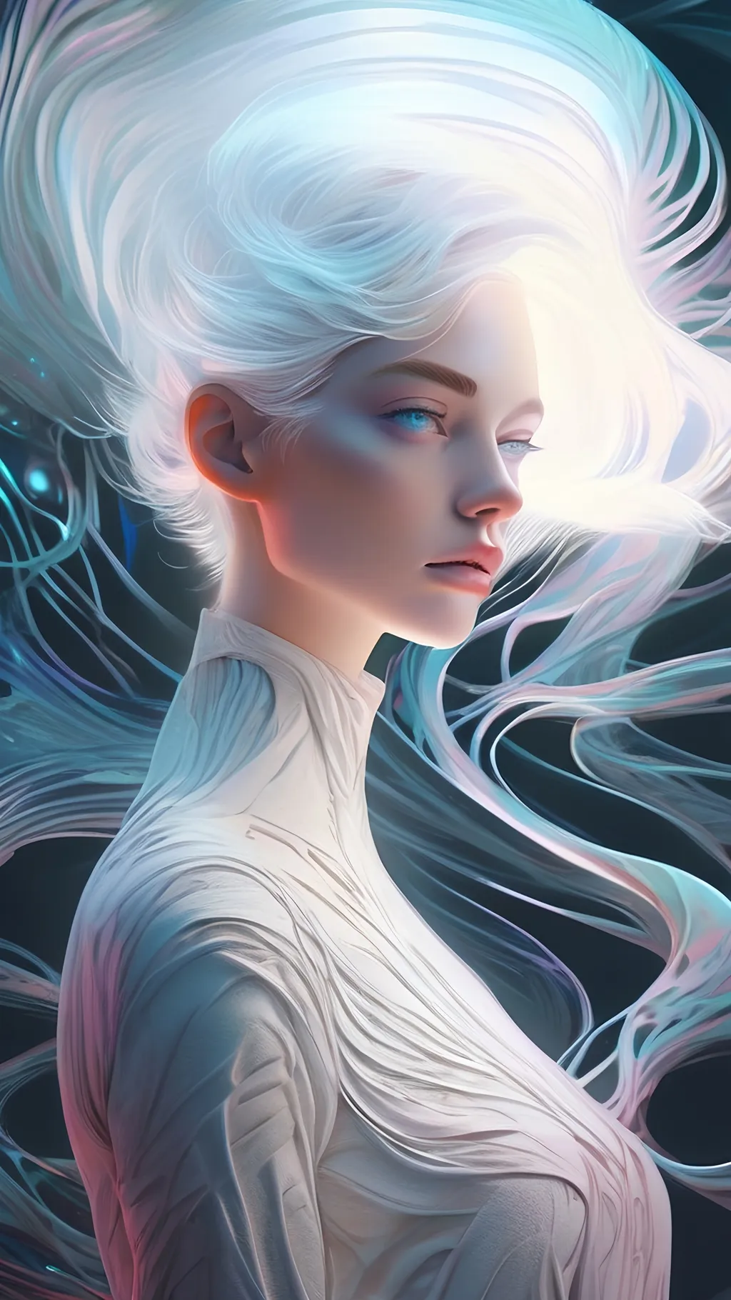 Prompt: portrait of a beautiful female short white hair, surreal flowing thoughts flowing from head, intricate patterns and textures, surreal elements, immersive depth, mesmerizing composition, Android Jones style, ultra-detailed, dynamic lighting, dreamlike ambiance, artistic painterly digital art by Loish, neon lights