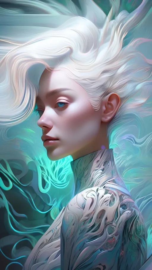 Prompt: portrait of a beautiful female short white hair, surreal flowing thoughts flowing from head, intricate patterns and textures, surreal elements, immersive depth, mesmerizing composition, Android Jones style, ultra-detailed, dynamic lighting, dreamlike ambiance, artistic painterly digital art by Loish, neon lights