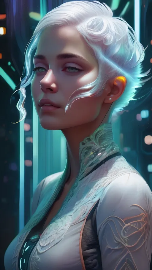 Prompt: portrait of a beautiful female short white hair, surreal flowing thoughts flowing from head, intricate patterns and textures, surreal elements, immersive depth, mesmerizing composition, Android Jones style, ultra-detailed, dynamic lighting, dreamlike ambiance, artistic painterly digital art by Loish, neon lights