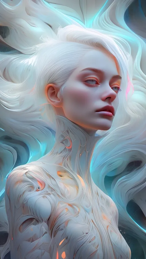 Prompt: portrait of a beautiful female short white hair, surreal flowing thoughts flowing from head, intricate patterns and textures, surreal elements, immersive depth, mesmerizing composition, Android Jones style, ultra-detailed, dynamic lighting, dreamlike ambiance, artistic painterly digital art by Loish, neon lights