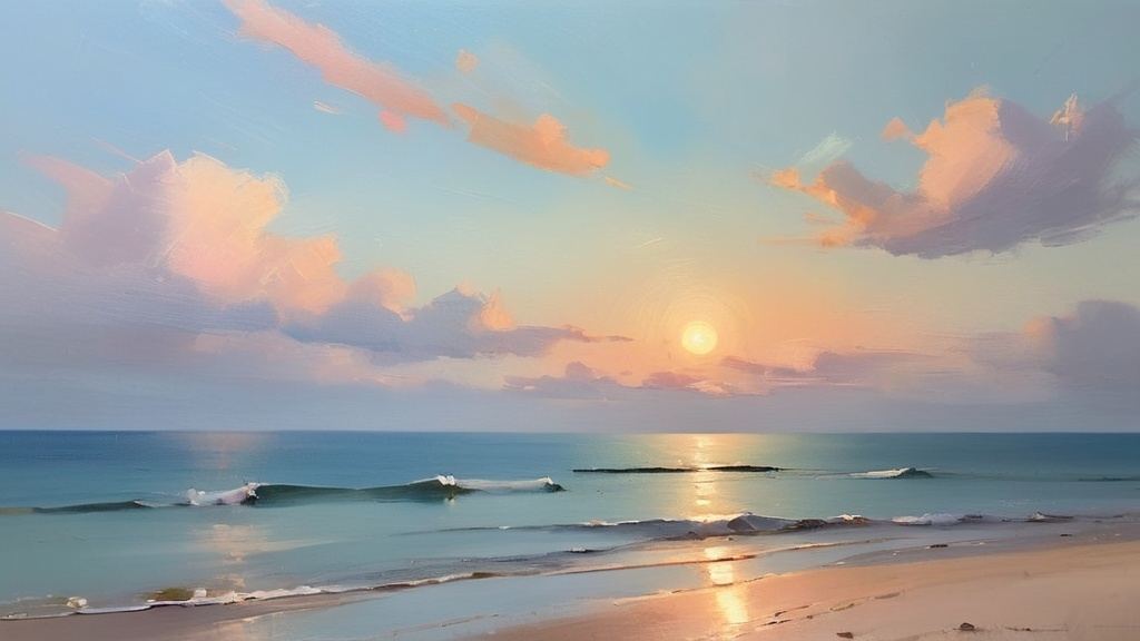 Prompt: impressionist plein air painting minimalist landscape, calm ocean, pastel colors sky, artistic painterly