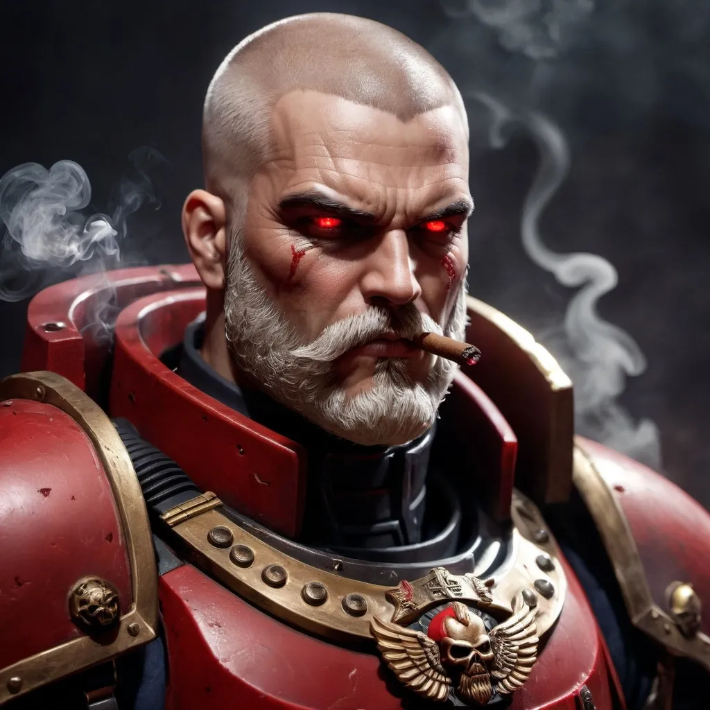 Prompt: Portrait of a male space marine, warhammer 40k, Blood angel, buzz cut, beard, Red, (((highly detailed facial features))), (((Smoking a cigar))), dark gritty tones, dark atmospheric lighting, grimdark, gothic fantasy, high quality, ultra-detailed, muscular, smirk, respectable, cigar in mouth, beautiful, light blonde