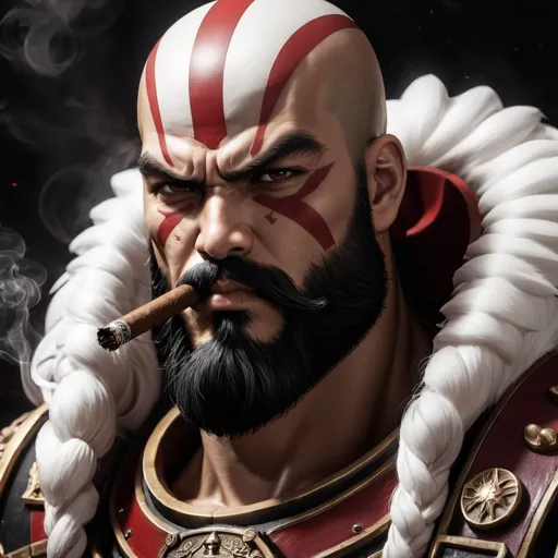 Prompt: Portrait of a male space marine, warhammer 40k,
White scars chapter, white, white and red armor, bald, long beard,  (((highly detailed facial features))), 
(((Smoking a cigar))), dark gritty tones, dark atmospheric lighting, grimdark, gothic fantasy, high quality, 
ultra-detailed, muscular, smirk, respectable,  beautiful, black hair, (asian), mongol traces