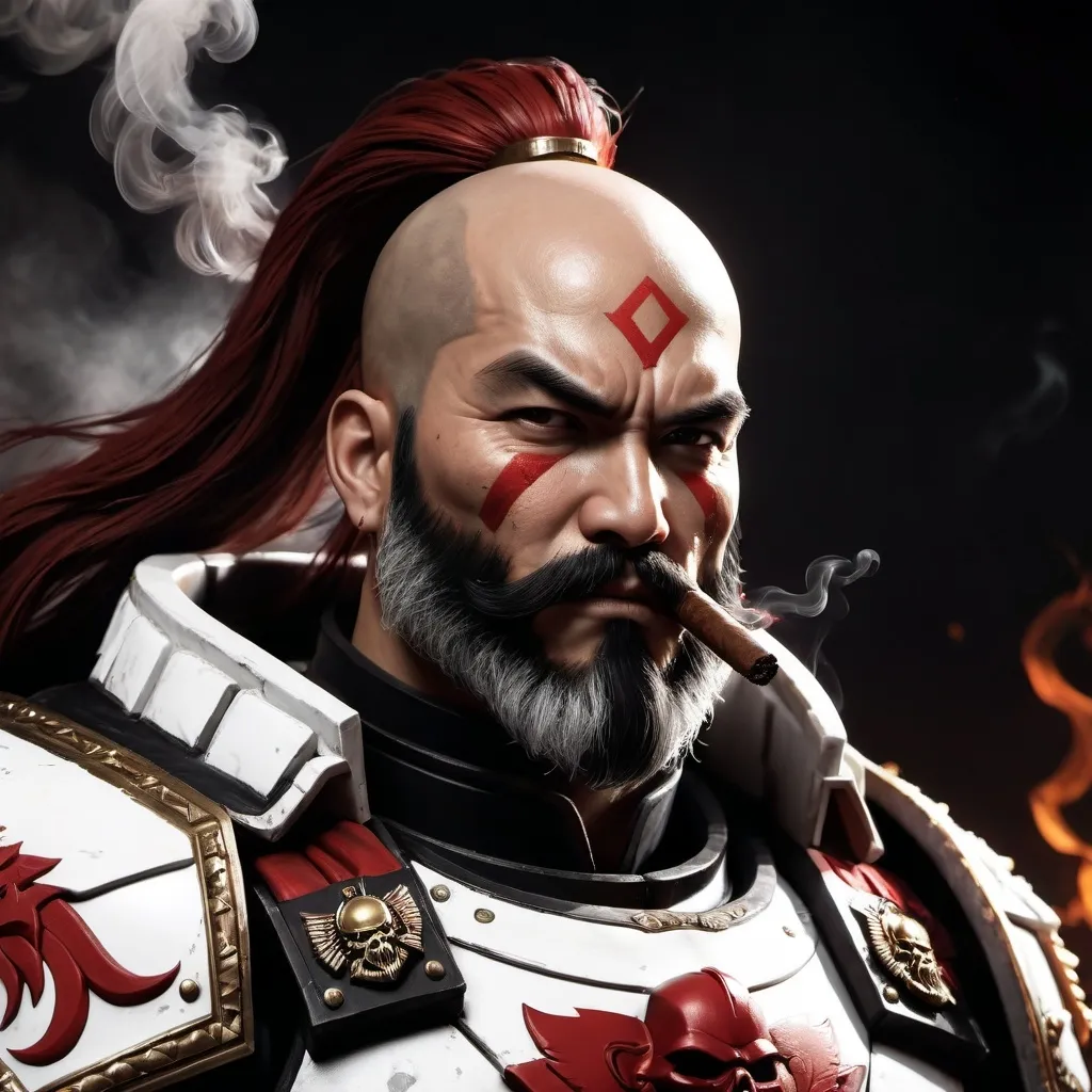 Prompt: Portrait of a male space marine, warhammer 40k,
White scars chapter, white, white and red armor, bald, long beard,  (((highly detailed facial features))), 
(((Smoking a cigar))), dark gritty tones, dark atmospheric lighting, grimdark, gothic fantasy, high quality, 
ultra-detailed, muscular, smirk, respectable,  beautiful, black hair, (asian), mongol traces