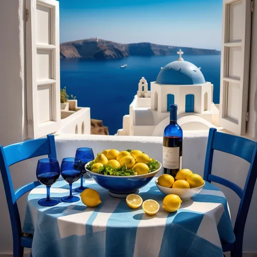 Prompt: Still life art scene, greek table setting Santorini with lemons in a bowl. A white table. Blue chairs. Blue wine glasses. Salad in a bowl on the table. The light is streaming in from the window. Late afternoon warm glow.