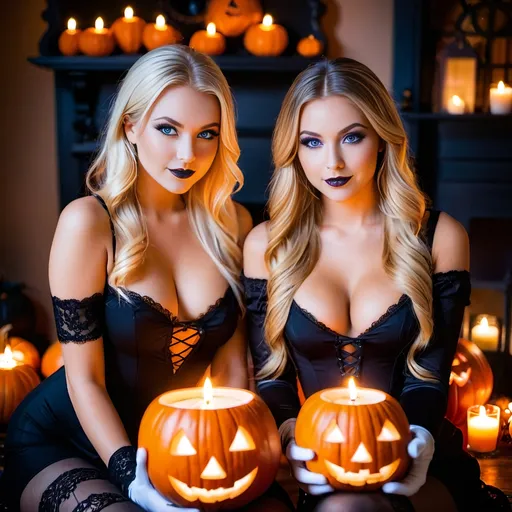 Prompt: 2 girls, American, 15/16, bright blue eyes, long blonde hair, Halloween style, short tight clothes, candle lights, glamour photography at a séance, dark spooky themes, cobwebs, rode petals, cauldron, pumpkins, orange glow, purple glow, long white gloves and stockings, alluring gaze, beautiful, flawless beauty, freckles, close-up,  bedroom, chair, bodysuit