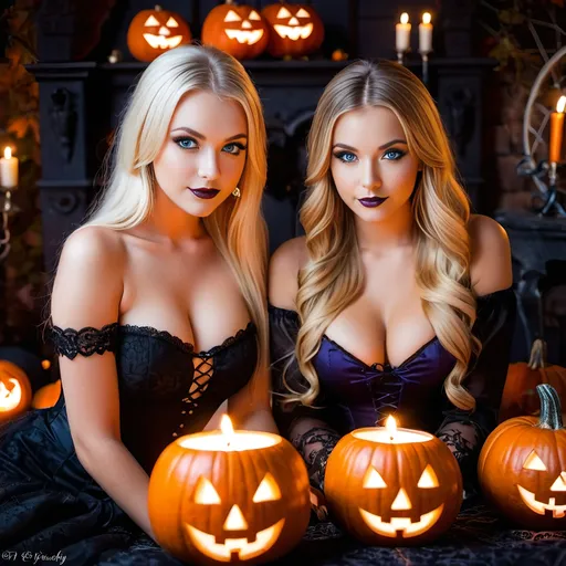 Prompt: 2 girls, American, 15/16, bright blue eyes, long blonde hair, Halloween style, short tight clothes, candle lights, glamour photography at a séance, dark spooky themes, cobwebs, rode petals, cauldron, pumpkins, orange glow, purple glow, long white gloves and stockings, alluring gaze, beautiful, flawless beauty, freckles, close-up,  bedroom, chair, bodysuit