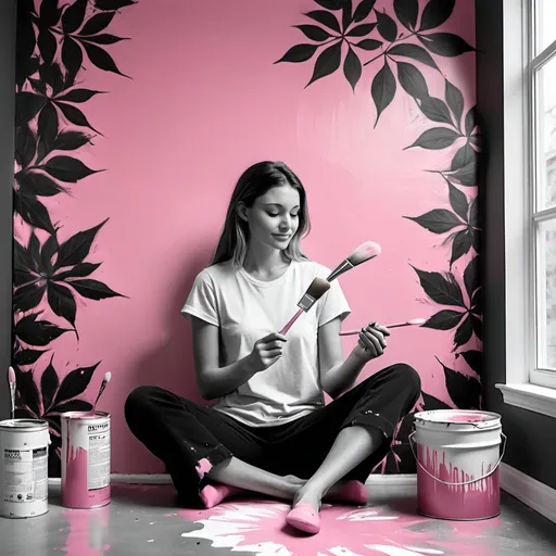 Prompt: A woman sitting down on a paint can after finish her final brush on the huge wall art in front of her. The wall art in black and white and the leaves are pink.