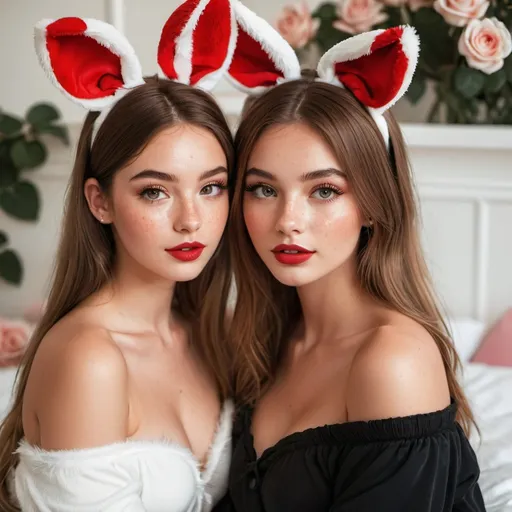 Prompt: 2 girls, 15/16, Australian, long hair, light makeup, inner eye highlight, big lashes, lipstick, freckles, short tight clothes, glamour photography, bedroom, villa, roses, blooming, red, alluring gaze, youthful, fun, inviting, off the shoulder, playful, bunny ears