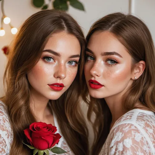 Prompt: 2 girls, 15/16, Australian, long hair, light makeup, inner eye highlight, big lashes, lipstick, freckles, short tight clothes, glamour photography, bedroom, villa, roses, blooming, red, alluring gaze, youthful, fun, inviting, in love, romantic, lovers, sweethearts