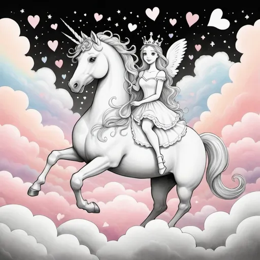 Prompt: Princess with a crown on a unicorn with a crown. Flying through hearts