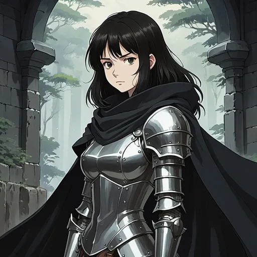 Prompt: 2d studio ghibli anime style, dark-haired pale woman, black cloak, steel armor, anime scene