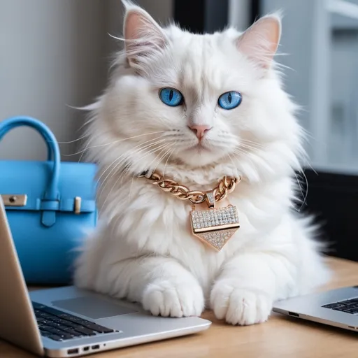 Prompt: Ai influencer cat, white and fluffy with cool blue eyes, has diamond bracelets, next to an expensive bag and a laptop